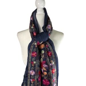 Navy Boho Artsy Floral Embroidered Wrap Scarf Shawl 78x54